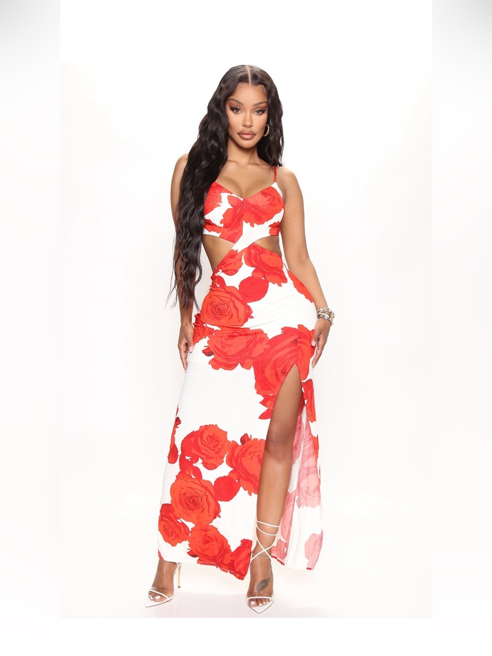 Red Rose Print Cutout Maxi Dress